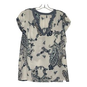 Liz Claiborne Summer Boho Paisley Blouse Top V-Neck Short Sleeve White Blue XL‎